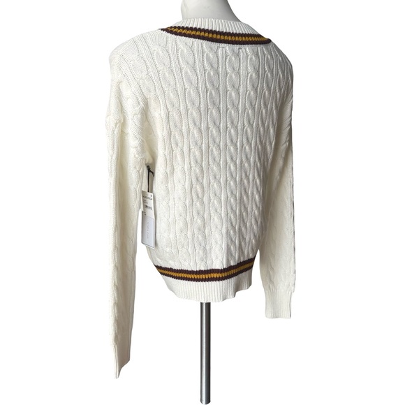 NWT, 1. State White Cable Knit V Neck Preppy Tennis Academia Sweater, Sz XS - Picture 4 of 13